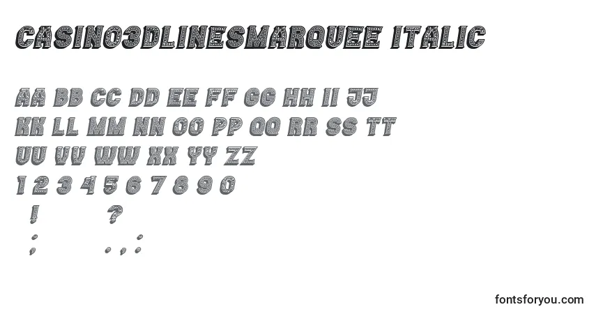 A fonte Casino3DLinesMarquee Italic – alfabeto, números, caracteres especiais