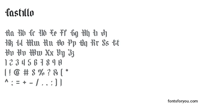 Schriftart Castillo (122947) – Alphabet, Zahlen, spezielle Symbole