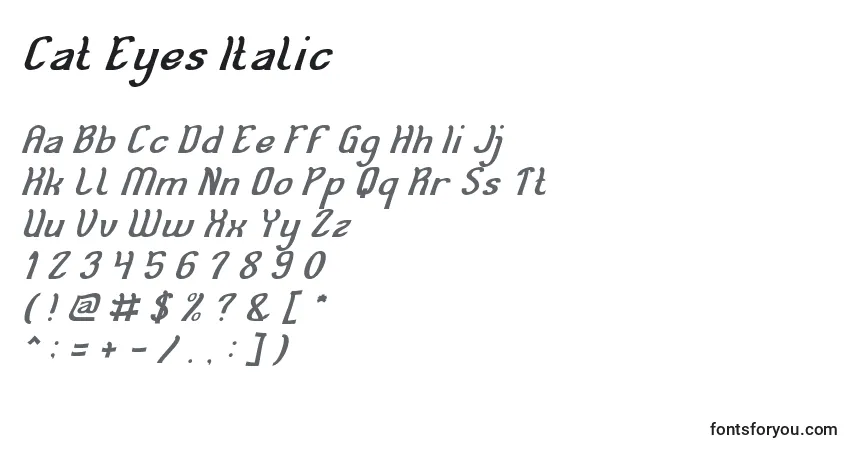 Schriftart Cat Eyes Italic – Alphabet, Zahlen, spezielle Symbole