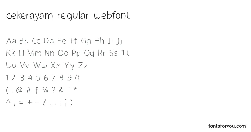 Czcionka Cekerayam regular webfont – alfabet, cyfry, specjalne znaki