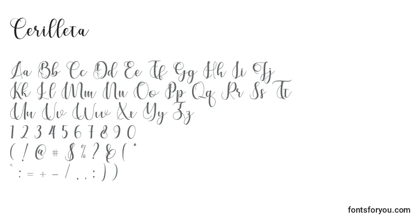 A fonte Cerilleta (123039) – alfabeto, números, caracteres especiais