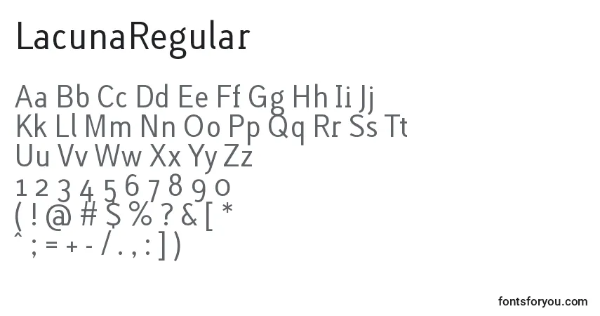 A fonte LacunaRegular – alfabeto, números, caracteres especiais