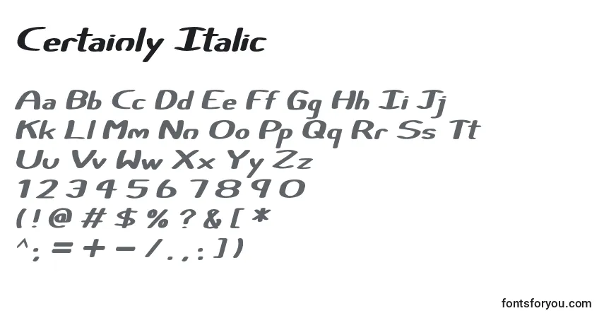 A fonte Certainly Italic – alfabeto, números, caracteres especiais