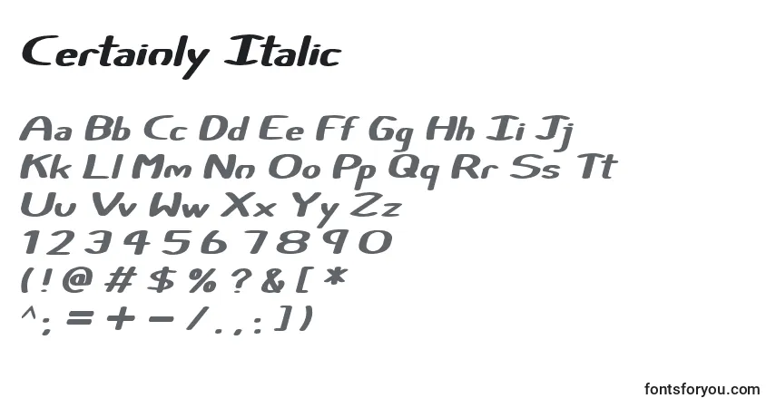 Schriftart Certainly Italic (123041) – Alphabet, Zahlen, spezielle Symbole