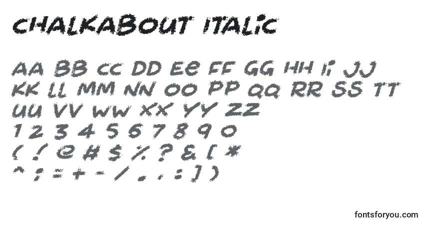 Czcionka Chalkabout Italic – alfabet, cyfry, specjalne znaki