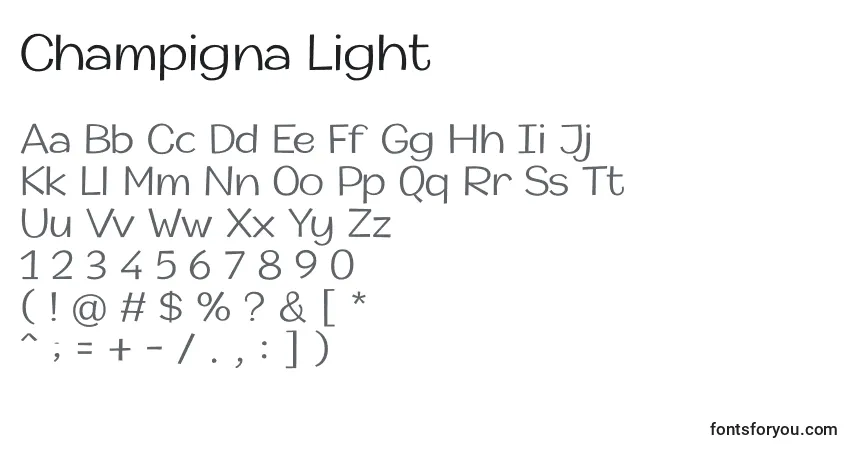 A fonte Champigna Light – alfabeto, números, caracteres especiais