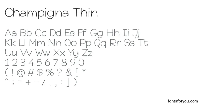 Czcionka Champigna Thin – alfabet, cyfry, specjalne znaki