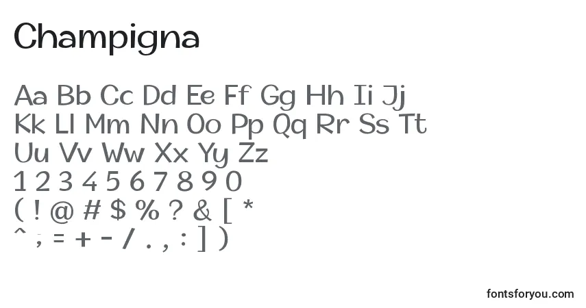 Czcionka Champigna (123108) – alfabet, cyfry, specjalne znaki