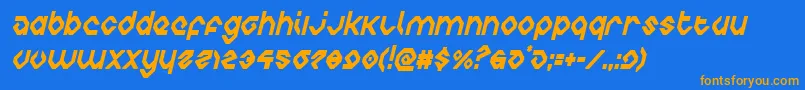 フォントcharliesanglescondital – オレンジ色の文字が青い背景にあります。