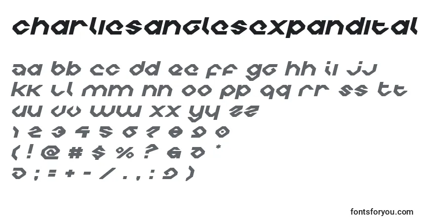 Czcionka Charliesanglesexpandital – alfabet, cyfry, specjalne znaki