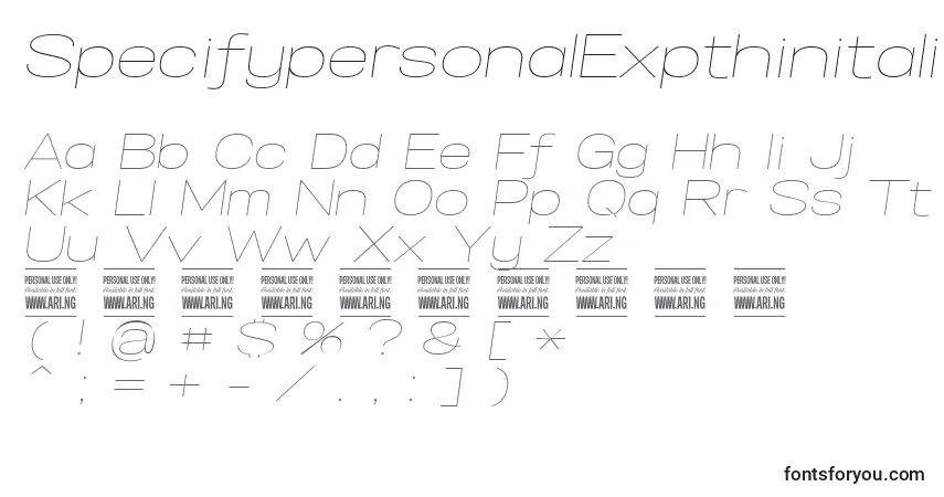 Schriftart SpecifypersonalExpthinitalic – Alphabet, Zahlen, spezielle Symbole