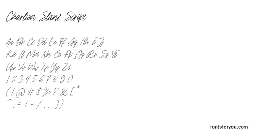 Czcionka Charlion Slant Script – alfabet, cyfry, specjalne znaki