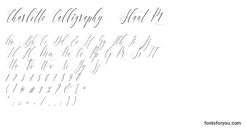 Czcionka Charlotte Calligraphy   Slant R1 – alfabet, cyfry, specjalne znaki