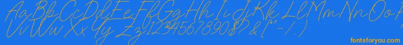 Charlotte Sweet Dafontフォントについての詳細 フォントCharlotte Sweet Dafont – オレンジ色の文字が青い背景にあります。
