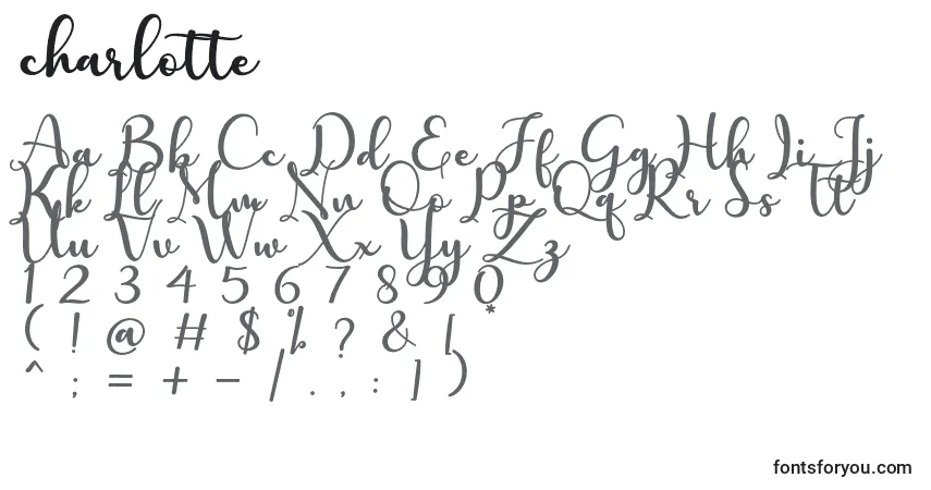 A fonte Charlotte (123180) – alfabeto, números, caracteres especiais