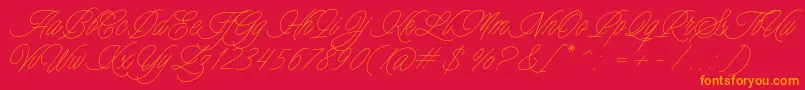 Fonte Charmline Script Personal Use – fontes laranjas em um fundo vermelho