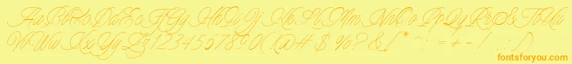 フォントCharmline Script Personal Use – オレンジの文字が黄色の背景にあります。