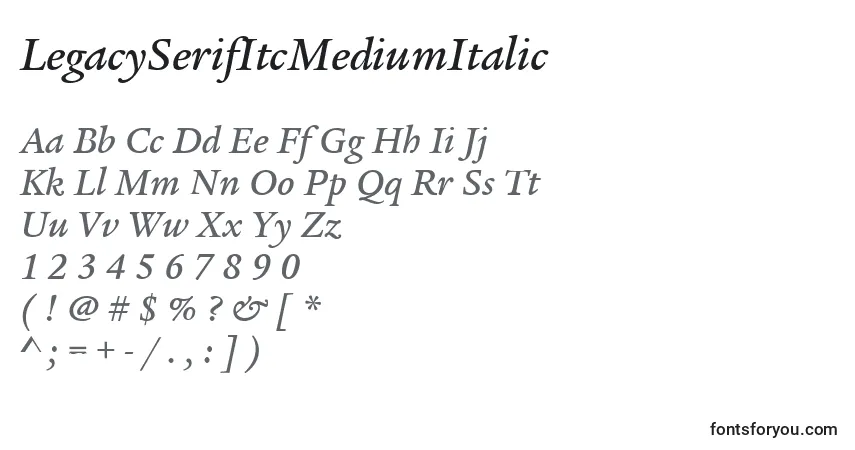 LegacySerifItcMediumItalic-fontti – aakkoset, numerot, erikoismerkit