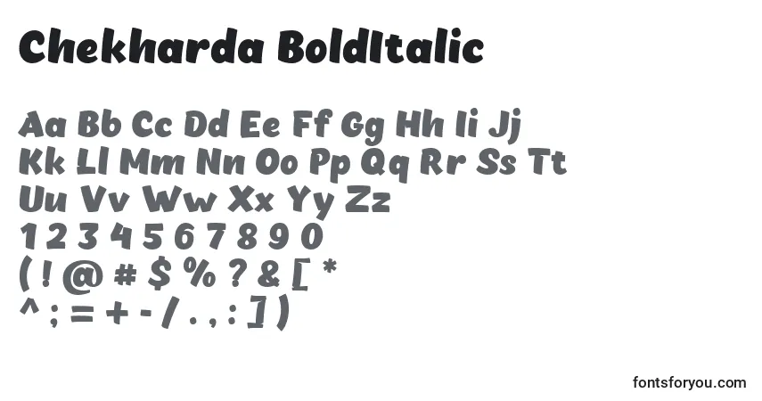 Czcionka Chekharda BoldItalic – alfabet, cyfry, specjalne znaki