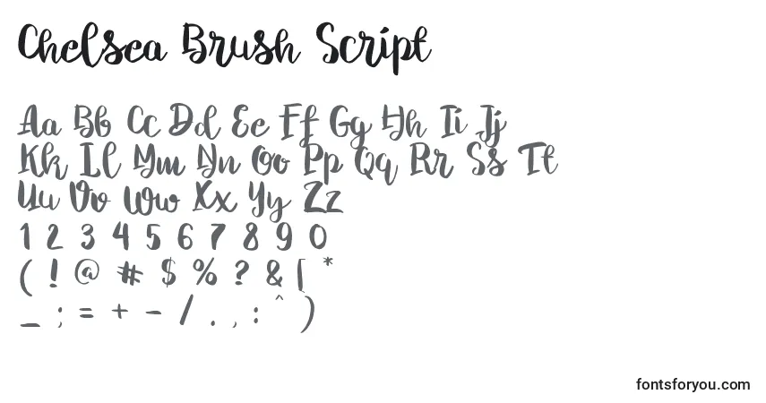Schriftart Chelsea Brush Script – Alphabet, Zahlen, spezielle Symbole
