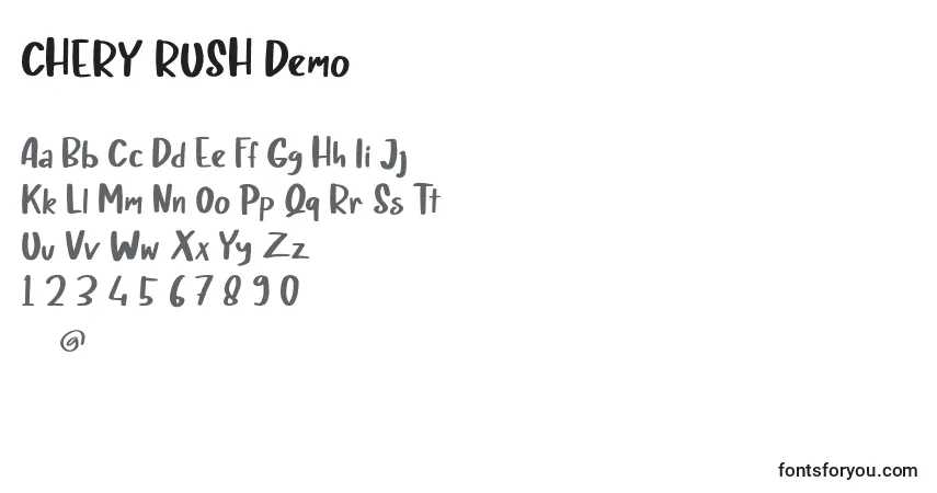 Czcionka CHERY RUSH Demo – alfabet, cyfry, specjalne znaki