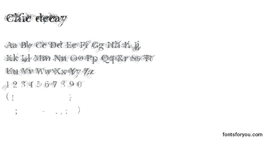 Czcionka Chic decay – alfabet, cyfry, specjalne znaki
