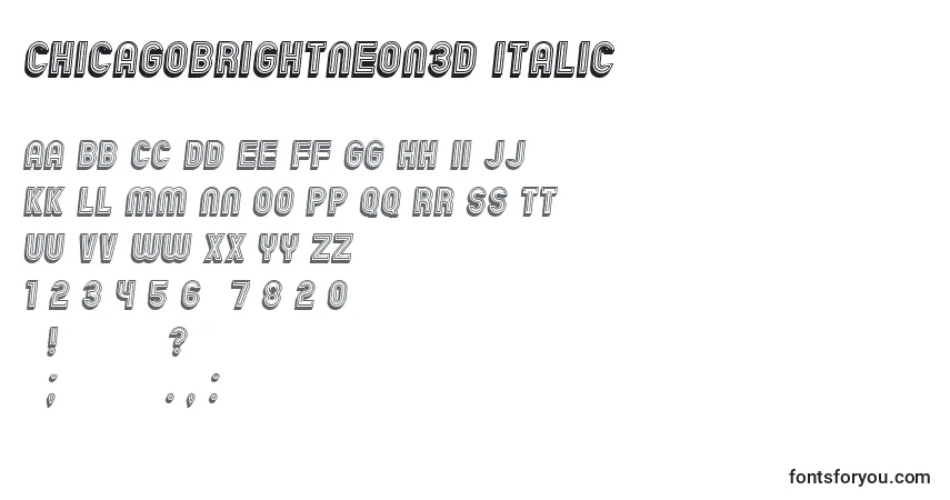 A fonte ChicagoBrightNeon3D Italic – alfabeto, números, caracteres especiais
