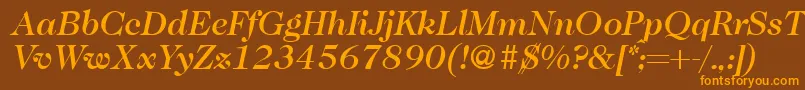 Saiba mais sobre a fonte Caslon335mediumRegularitalic Fonte Caslon335mediumRegularitalic – fontes laranjas em um fundo marrom