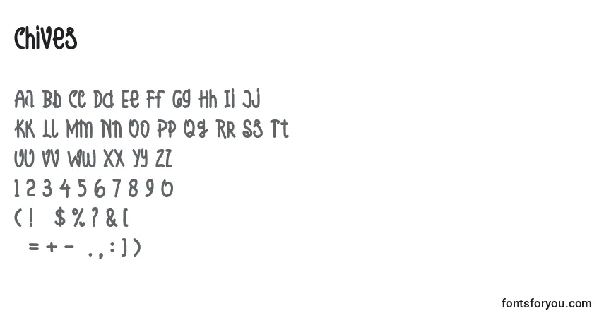 Czcionka Chives – alfabet, cyfry, specjalne znaki