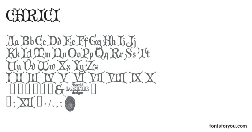 A fonte CHRICI   (123391) – alfabeto, números, caracteres especiais