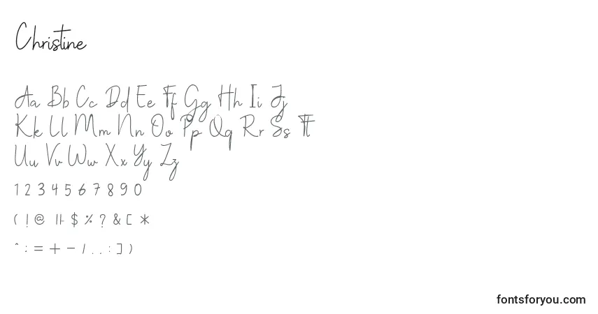 Czcionka Christine – alfabet, cyfry, specjalne znaki