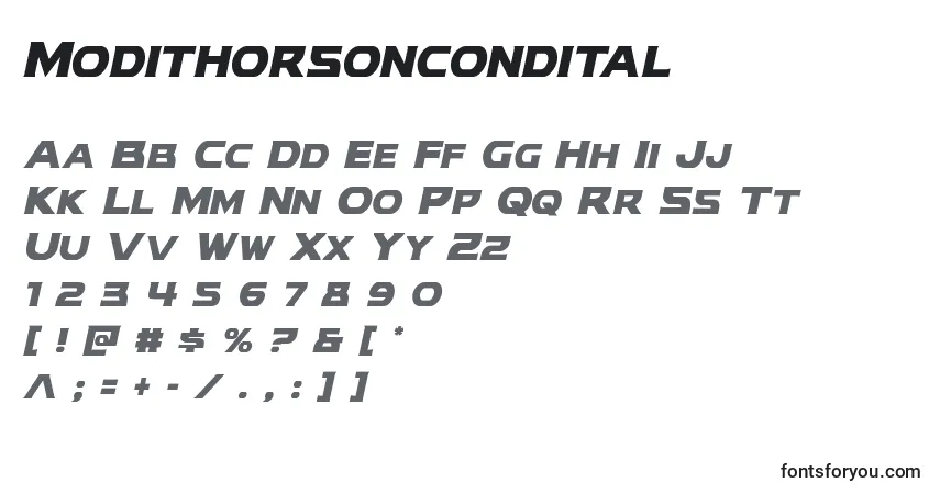Czcionka Modithorsoncondital – alfabet, cyfry, specjalne znaki