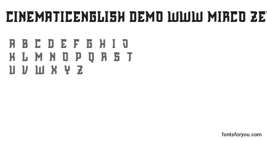 Czcionka Cinematicenglish demo www mirco zett de – alfabet, cyfry, specjalne znaki