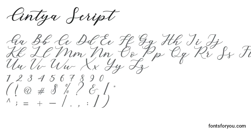 Czcionka Cintya Script – alfabet, cyfry, specjalne znaki