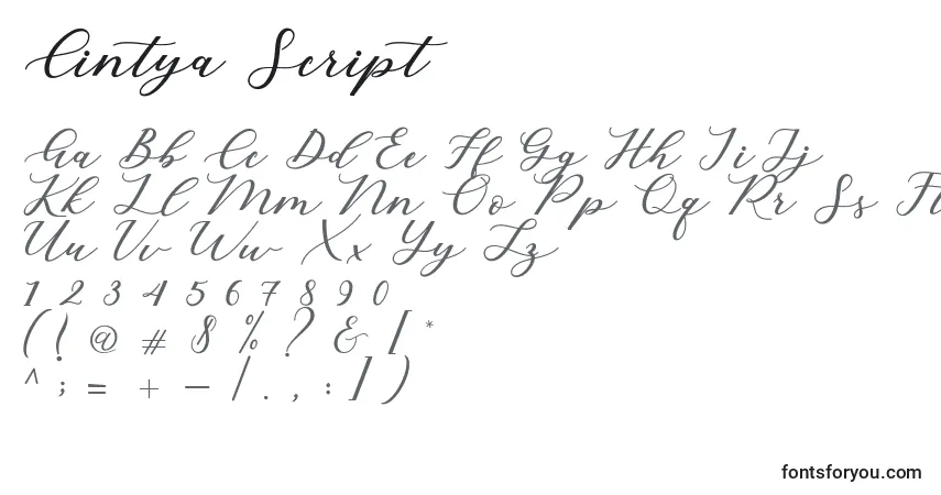 A fonte Cintya Script (123483) – alfabeto, números, caracteres especiais