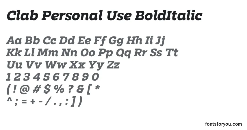 Czcionka Clab Personal Use BoldItalic – alfabet, cyfry, specjalne znaki