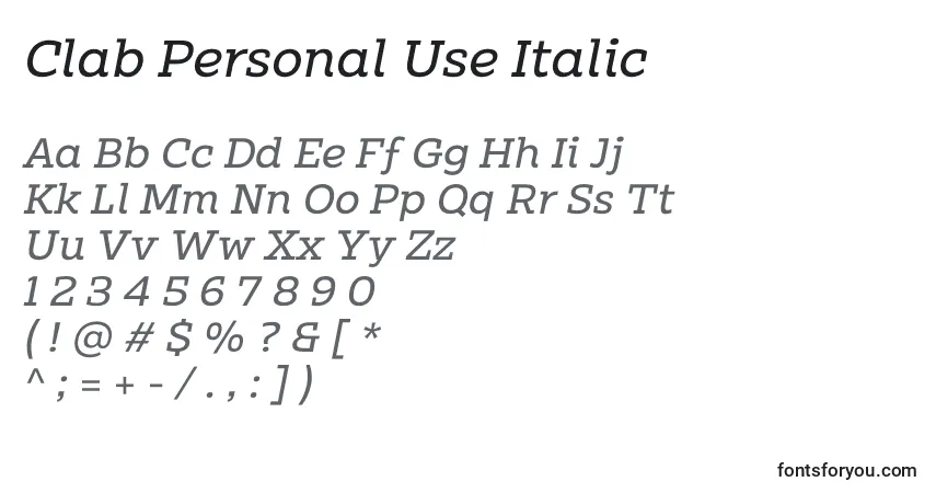 Czcionka Clab Personal Use Italic – alfabet, cyfry, specjalne znaki