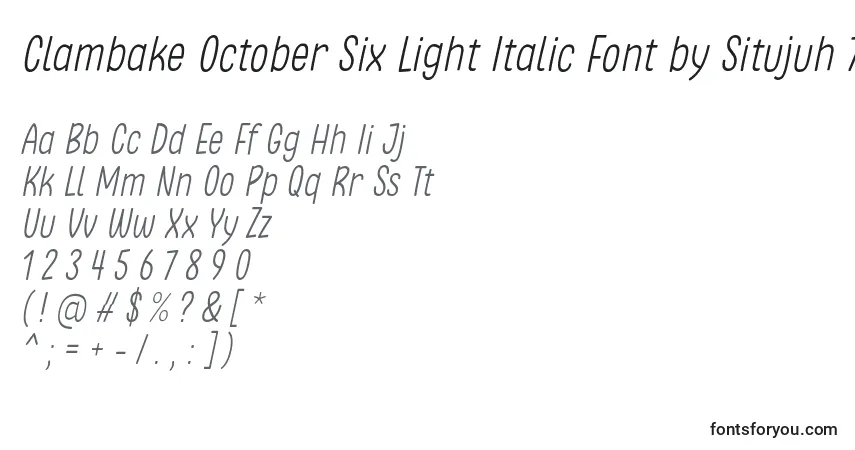 A fonte Clambake October Six Light Italic Font by Situjuh 7NTypes – alfabeto, números, caracteres especiais