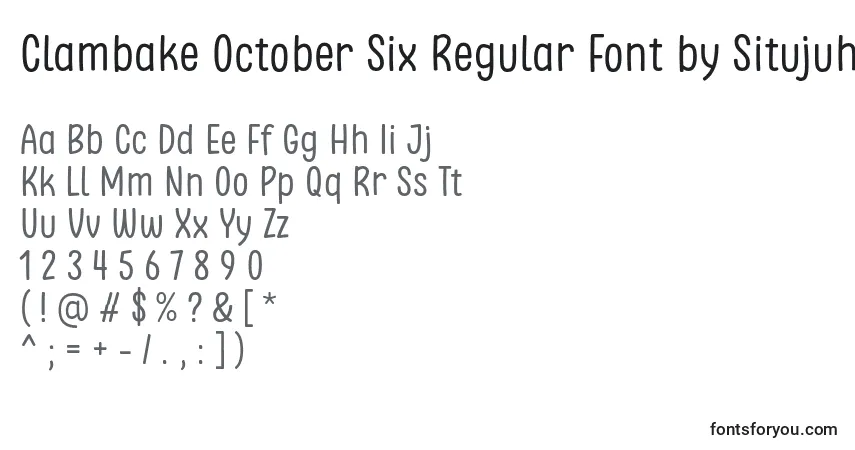 Czcionka Clambake October Six Regular Font by Situjuh 7NTypes – alfabet, cyfry, specjalne znaki