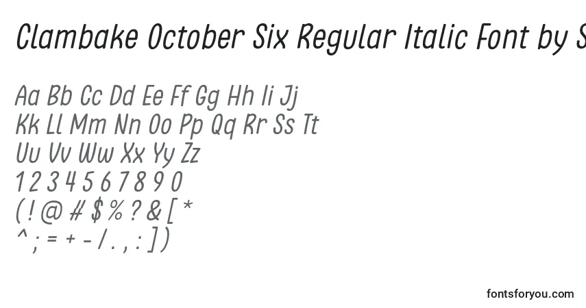 A fonte Clambake October Six Regular Italic Font by Situjuh 7NTypes – alfabeto, números, caracteres especiais