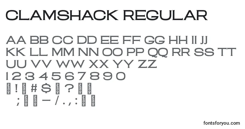 Czcionka ClamShack Regular – alfabet, cyfry, specjalne znaki