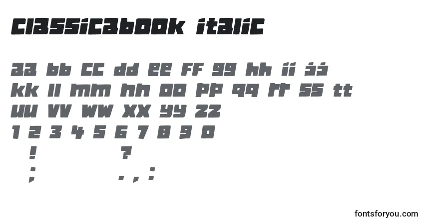 Schriftart ClassicaBook Italic – Alphabet, Zahlen, spezielle Symbole