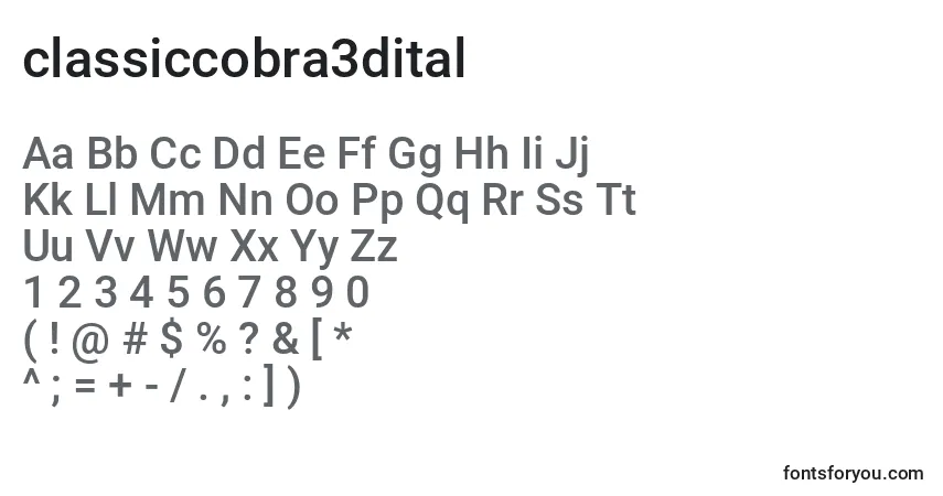 A fonte Classiccobra3dital (123544) – alfabeto, números, caracteres especiais