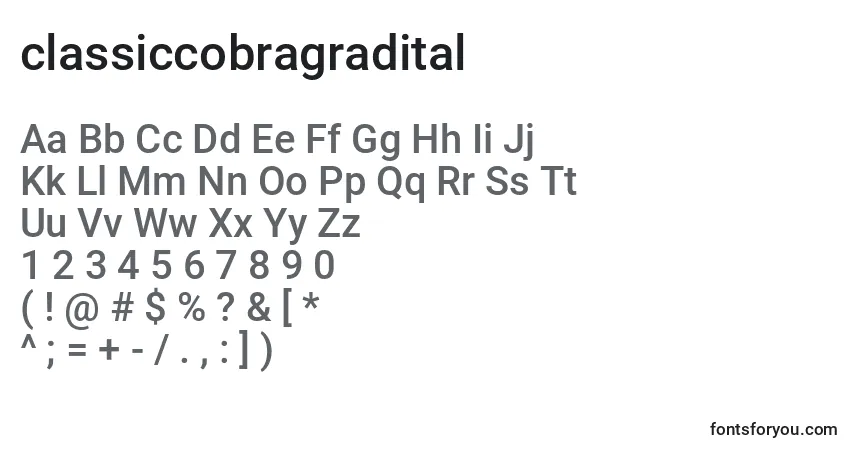 Шрифт Classiccobragradital (123556) – алфавит, цифры, специальные символы