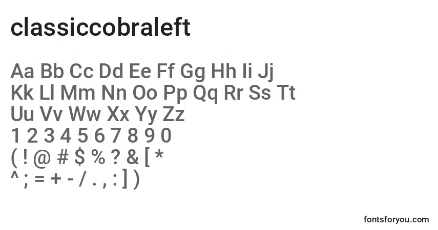 Schriftart Classiccobraleft (123562) – Alphabet, Zahlen, spezielle Symbole