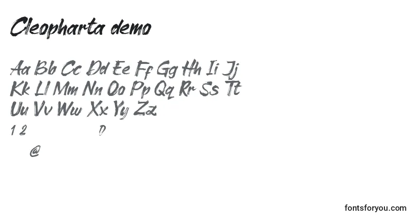 A fonte Cleopharta demo – alfabeto, números, caracteres especiais