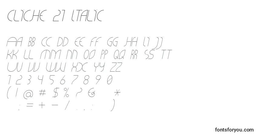 Schriftart CLiCHE 21 Italic – Alphabet, Zahlen, spezielle Symbole