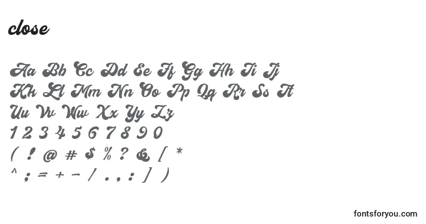 Czcionka Close – alfabet, cyfry, specjalne znaki