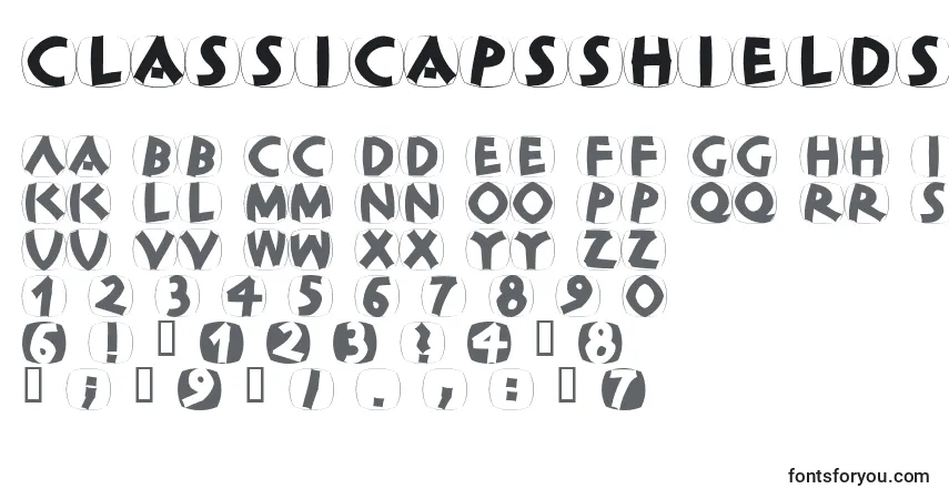 Czcionka ClassicapsShields – alfabet, cyfry, specjalne znaki