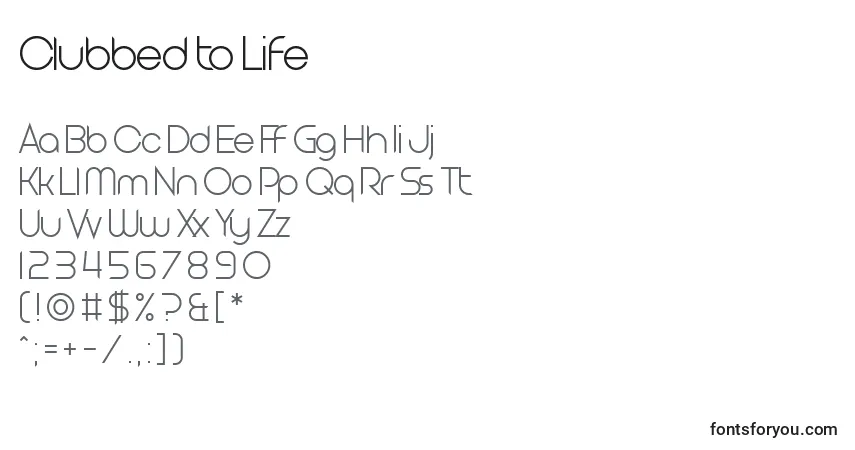 Schriftart Clubbed to Life – Alphabet, Zahlen, spezielle Symbole